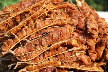 close up dry tamarind in market