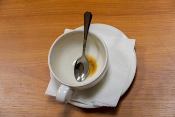 Empty used coffee Cup with spoon inside