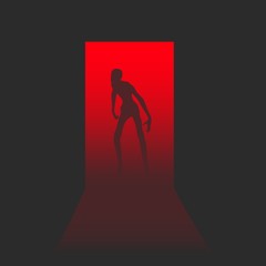 Fototapeta na wymiar Zombie silhouette comes into the house through the open door. Shadows in dark room. Halloween theme background