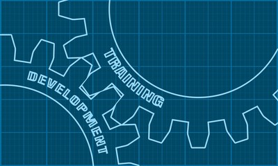 Training and Development text on the Mechanism of Gears. Communication Concept in Industrial Design. Modern brochure design template. Retro tileable measure technical draft.
