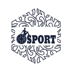 Woman silhouette on sport text. Rod pancake silhouette. Bodybuilding club emblem