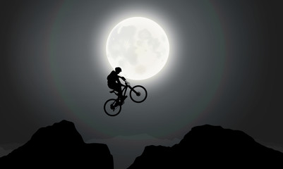 A Cyclist Flying Across The Cliff, Mountaintop, Moonlight