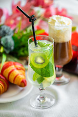 Green Fresh exotic tropical cocktail with kiwi. Green colorful Mojito cocktail. mojito on white table