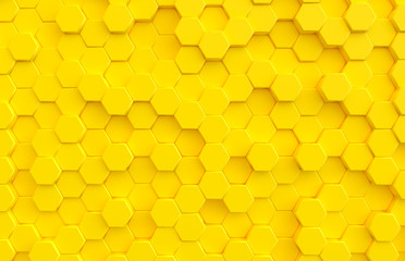 3D rendered, abstract background with hexagons in yellow. Geometric minimal design.