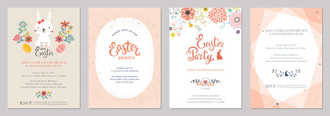 Happy Easter templates with eggs, flowers, rabbit and typographic design.