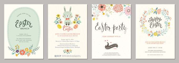 Cute Happy Easter templates with eggs, flowers, floral wreath, rabbit and typographic design.