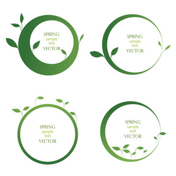 green circles, set of round, green banners, frames with leaves, vector