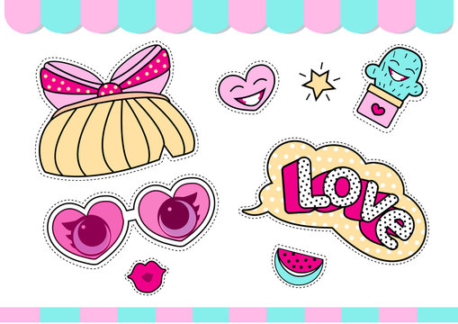 Set of cute girlish vector stickers for lol surprise party. Doll's style element of design. Photo booth props.  Doodle pink sweet picture for kids daily book, scrapbook, notebook. Summer girl t-shirt