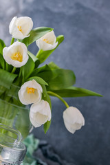 Bouquet of white tulips in a vase on a gray background. Flowers as a gift for your favorite person. Copy spce.