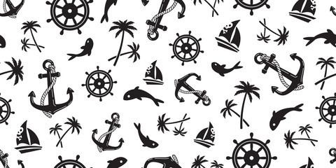 Anchor seamless pattern vector boat pirate helm palm tree maritime Nautical ocean sea repeat wallpaper scarf isolated tile background