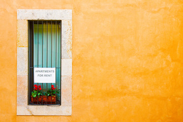 Fototapeta na wymiar Apartments for rent. Window with announcement and orange wall