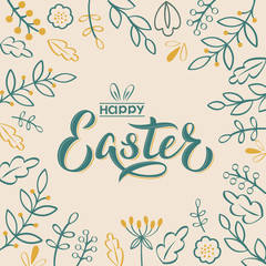 Happy Easter hand lettering text with flowers and branches in retro style. Happy Easter sign with bunny ears. For Easter badge, postcard, card, invitation, poster, banner. Vector season greeting