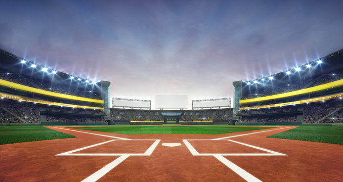 Grand baseball stadium field diamond daylight view, modern public sport building 3D render background.
