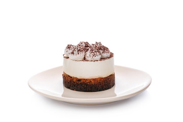 Plate with tasty tiramisu on white background