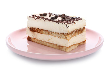 Plate with tasty tiramisu on white background