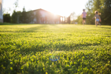 lawn at home. running children in blur. On a Sunny summer day. - Powered by Adobe