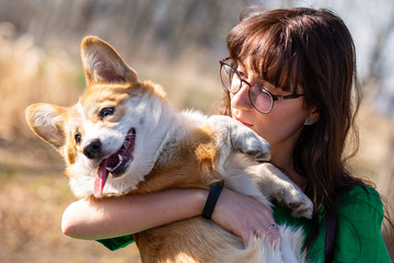 young woman palys with cute welsh corgi puppy