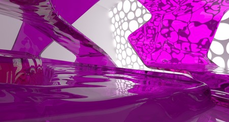 Abstract white and colored gradient glasses interior multilevel public space with window. 3D illustration and rendering.