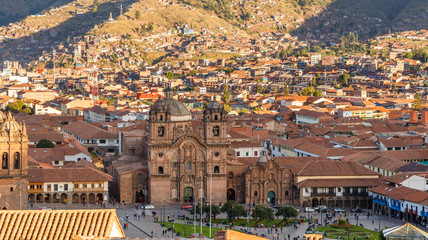 Fototapeta na wymiar Aerial view to the church of the Society of Jesus, and Plaza De Armas Cuzco, Peru