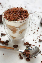 Tasty tiramisu on white table