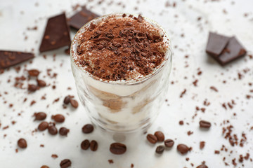 Tasty tiramisu on white table