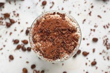 Tasty tiramisu on white table