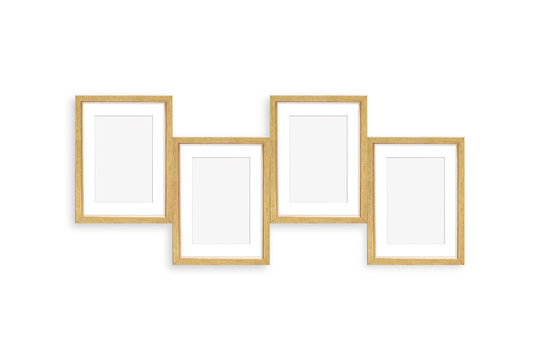 Frames collage, four golden color realistic wooden frameworks isolated on white background, 3D illustration