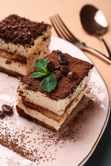 Plate with tasty tiramisu on color background, closeup