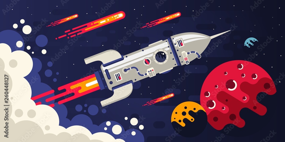 Wall mural rocket flying in space to other planets. spaceship surrounded by comets and celestial bodies. vector