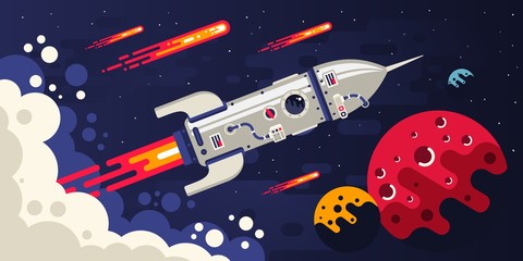 Rocket flying in space to other planets. Spaceship surrounded by comets and celestial bodies. Vector flat illustration. © Agor2012