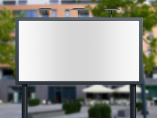 3D rendering of blank billboard (empty advertisement) with city background. Empty mockup template
