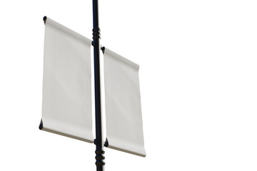 3D rendering of blank flag banner (empty advertisement) with clouds. Empty mockup template