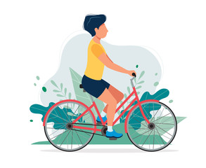 Happy man with a bike in the park. Vector illustration in flat style, concept illustration for healthy lifestyle, sport, exercising.