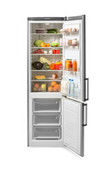 Open fridge full of food on white background