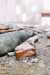 Background for design. Old destroyed factory in blur.