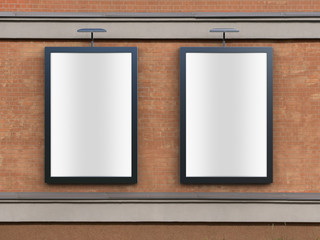 3D rendering of blank billboard (empty advertisement) on brick wall. Empty mockup template