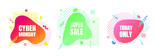 3 modern liquid abstract special offer price sign CYBER MONDAY, SUPER SALE, TODAY ONLY text gradient flat style design fluid vector colorful vector illustration banner simple shape advertising.
