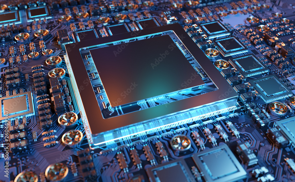 Fototapete close-up view of a modern gpu card with circuit 3d rendering