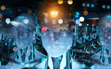 Group of male robots following leader cyborg army 3d rendering