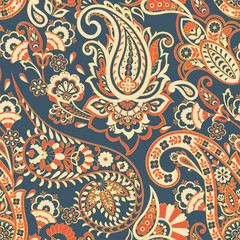 Paisley ethnic seamless pattern with floral elements.