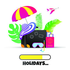 Summer holiday tropical vacation flat style design composition with progress loading bar and text HOLIDAY, luggage  suitcase, beach hat, swimming mask, umbrella vector illustration isolated on white.