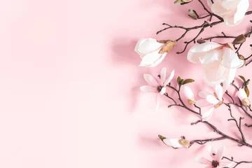 Rolgordijnen Flowers composition. Magnolia flowers on pastel pink background. Flat lay, top view, copy space © Flaffy