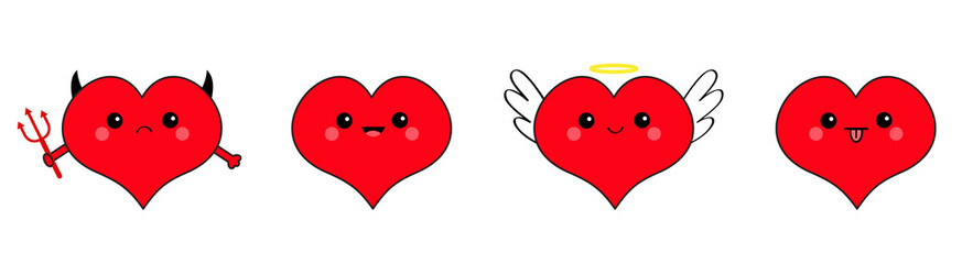 Fototapeta premium Red heart head face emotion icon set line. Devil Angel Evil Amour. Trident horn wing nimbus. Cute cartoon kawaii character. Happy Valentines day. Flat design. Greeting card. White background.