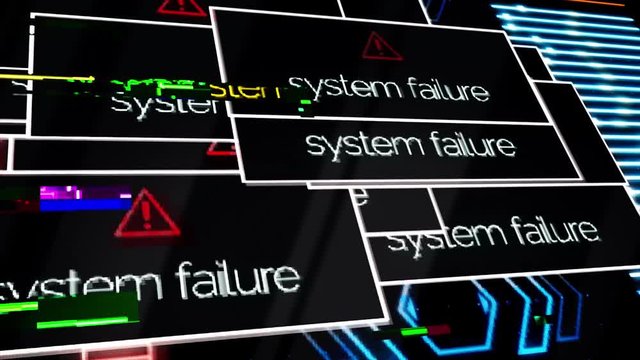 Program failure warning notifications all over the screen, security alert concept. Animation. Computer monitor showing windows with system failure messages with red indicators on background.