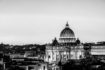 Fototapeta na wymiar Black and white night view of St. Peter's Basilica in Vatican City, Rome, Italy