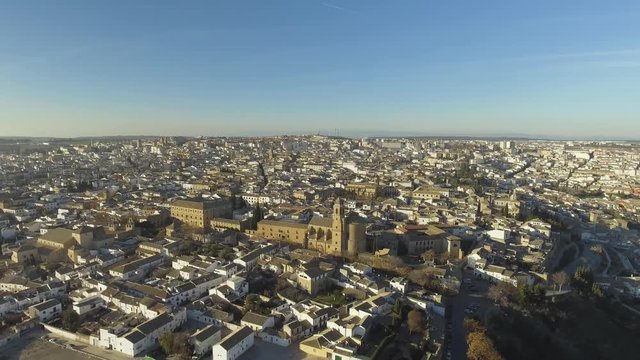 Ubeda town in Jaen, Andalusia, Spain - UNESCO World Heritage Site full of palaces and churches in Renaissance style, drone shot during golden hour