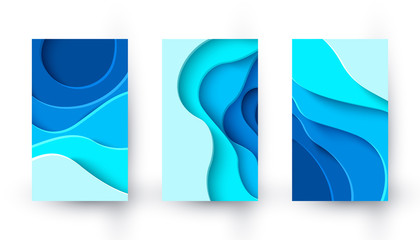 Vector vertical banners with blue paper cut layout background