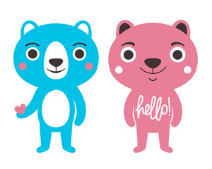 Vector set with couple blue and pink bears. Illustration with cute animals and lettering word - hello.
