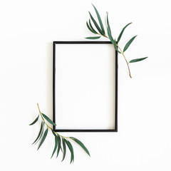 Eucalyptus branches, black photo frame on white background. Flat lay, top view, copy space, square