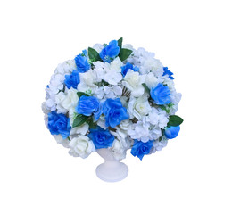 Colorful blue and white roses flower  bouquet in big white vase isolated on white background